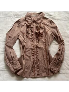 Axes Femme Dusty Mauve Pink Lace Ruffle Jacquard Blouse Long Sleeve M Japan